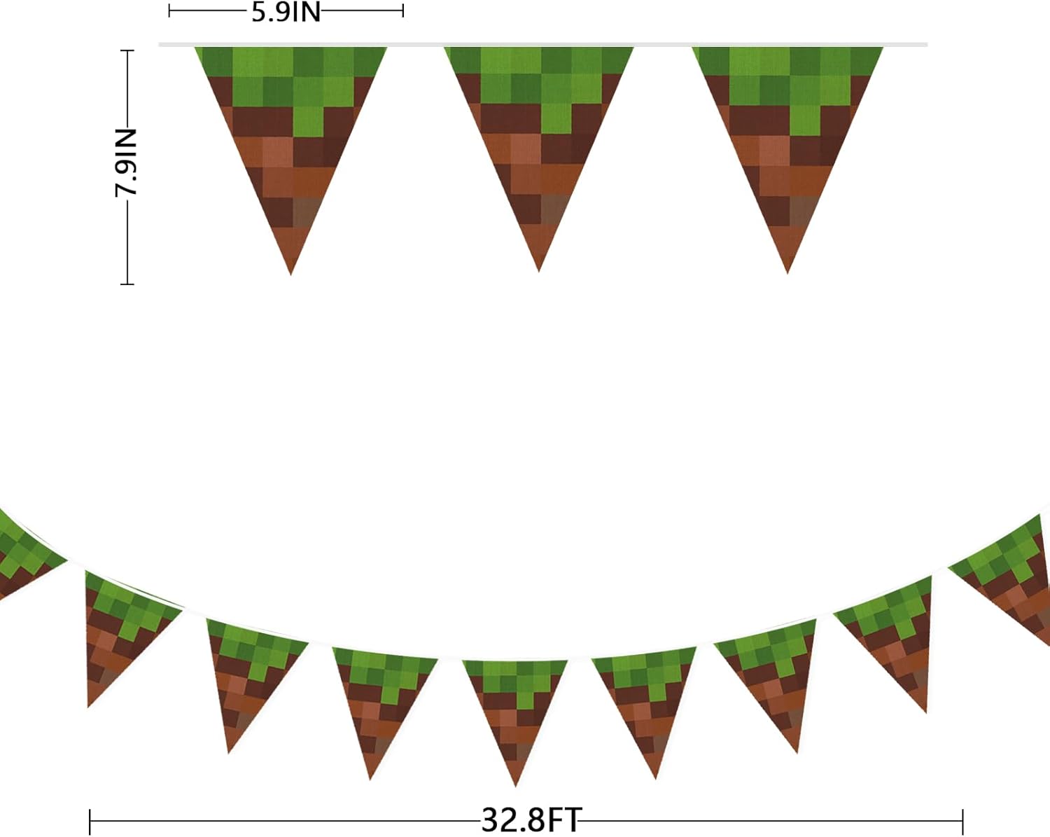 32ft Green Brown Pixel Miner Themed Banner Garland