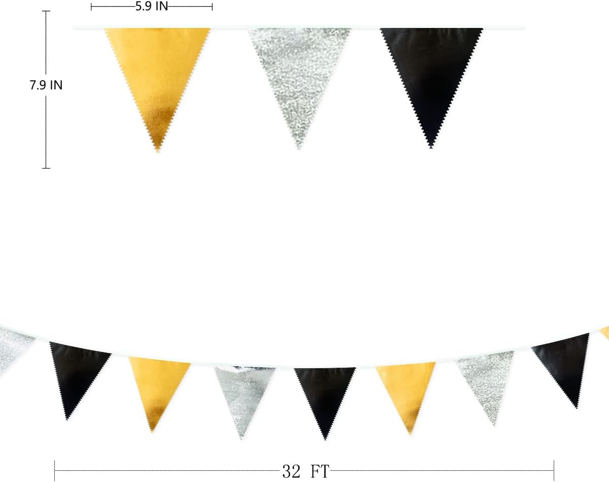 Black Gold Silver Triangle Pennant Banner Garland for Parties
