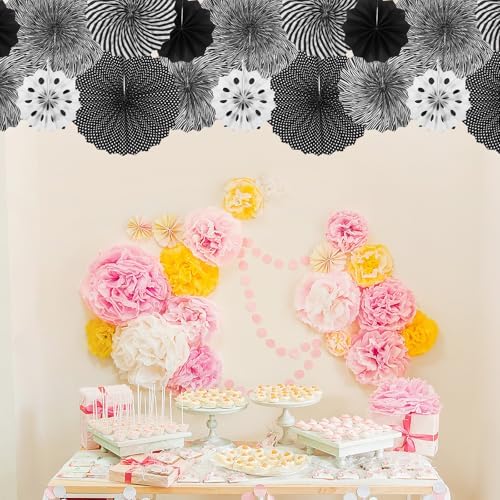 MECCANIXITY 6Pc Hanging Paper Fans Decor Set Black White
