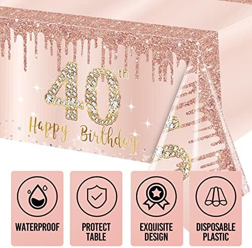 3 Pack Pink Rose Gold 40th Birthday Tablecloths - Disposable Decorations