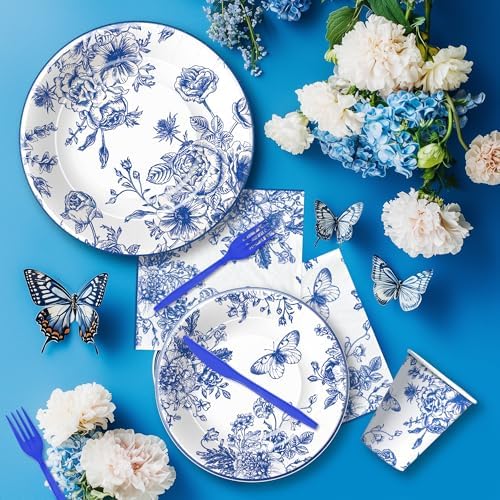 Blue and White Floral Paper Plates Set for 24