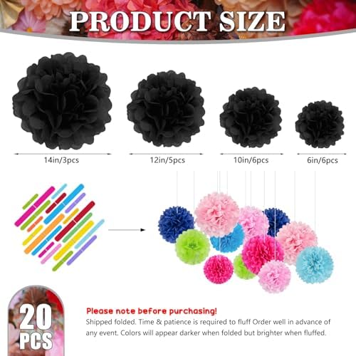 Black Tissue Paper Pom Poms 20 Piece Set for Events