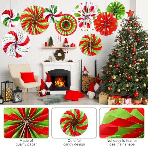 Outus Christmas Candy Paper Fans 9 Pcs Red Green Decorations