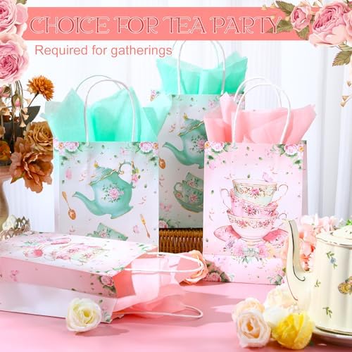24 Pcs Tea Party Gift Bags with Handles Pink Green