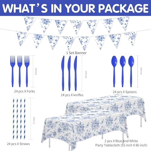 Blue and White Floral Paper Plates Set for 24
