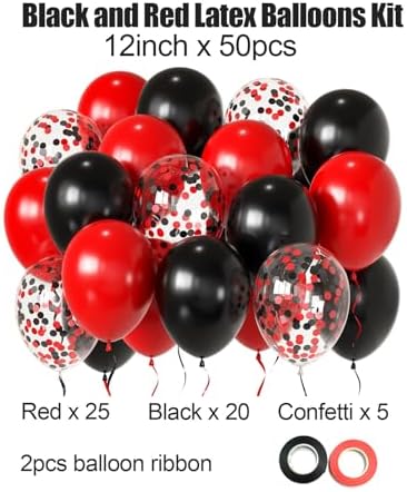 Red and Black Party Balloons 50pcs 12 Inch Decor Set