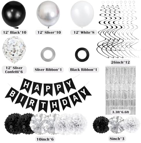 Black and Silver Birthday Decorations for Men