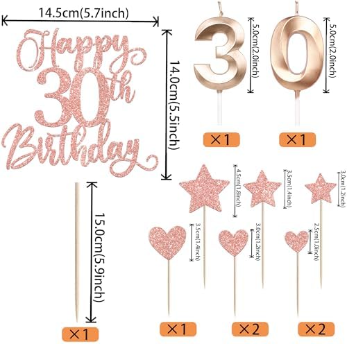 13 PCS Happy 30th Birthday Cake Toppers with Heart Star Glitter Rose Gold