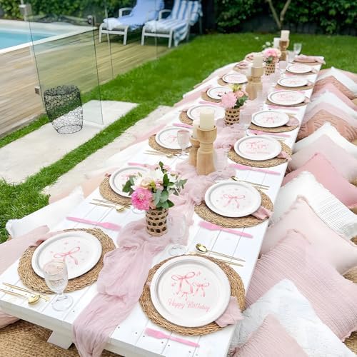 Pink Bow Birthday Party Tableware Set 96Pcs