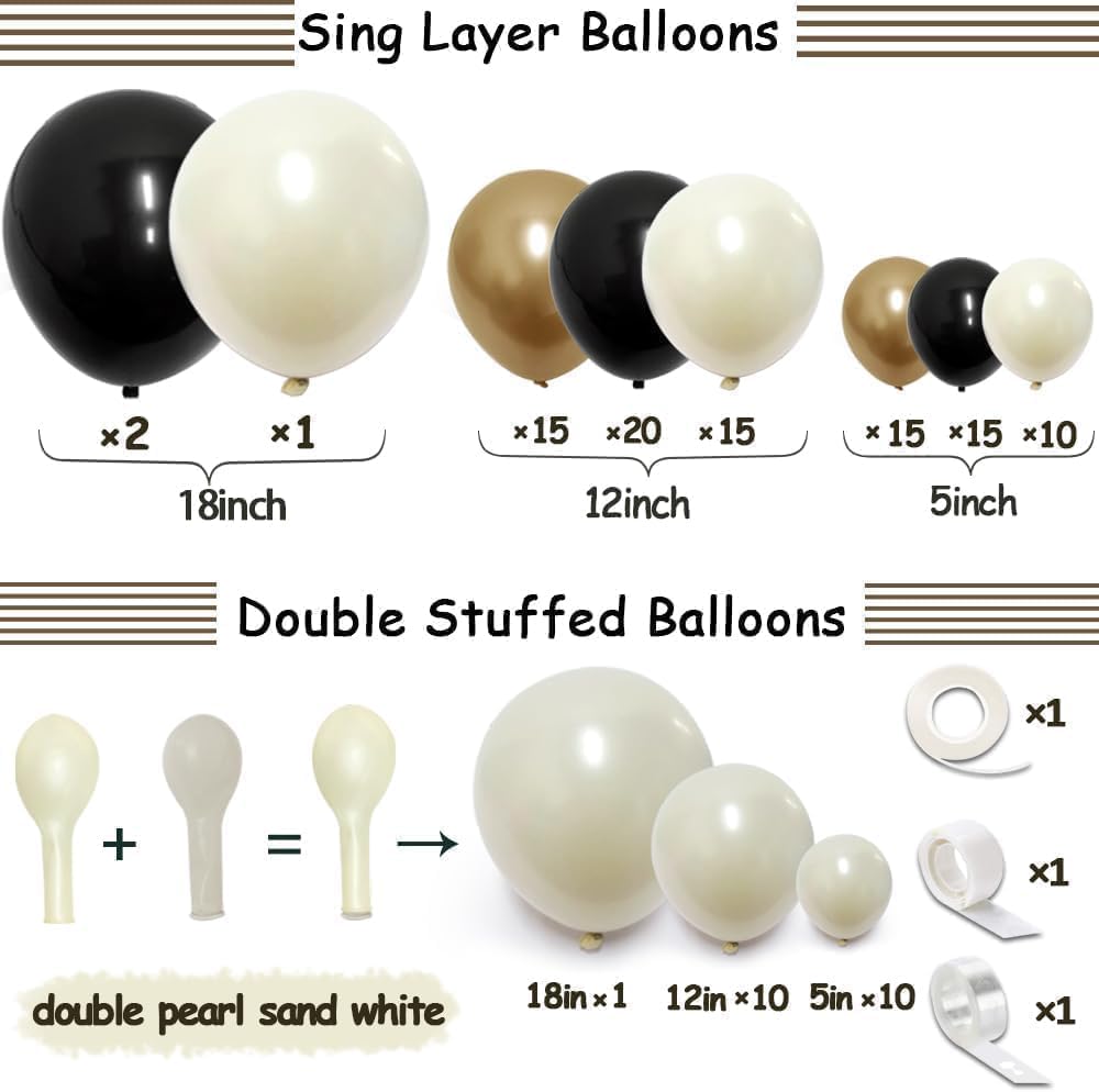 Double Stuffed Black White Gold Balloon Arch Kit