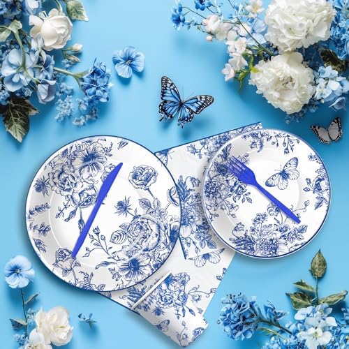 Blue and White Floral Paper Plates Set for 24