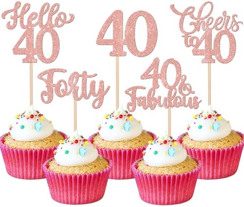 30PCS Happy 40th Birthday Cupcake Toppers Rose Gold Glitter