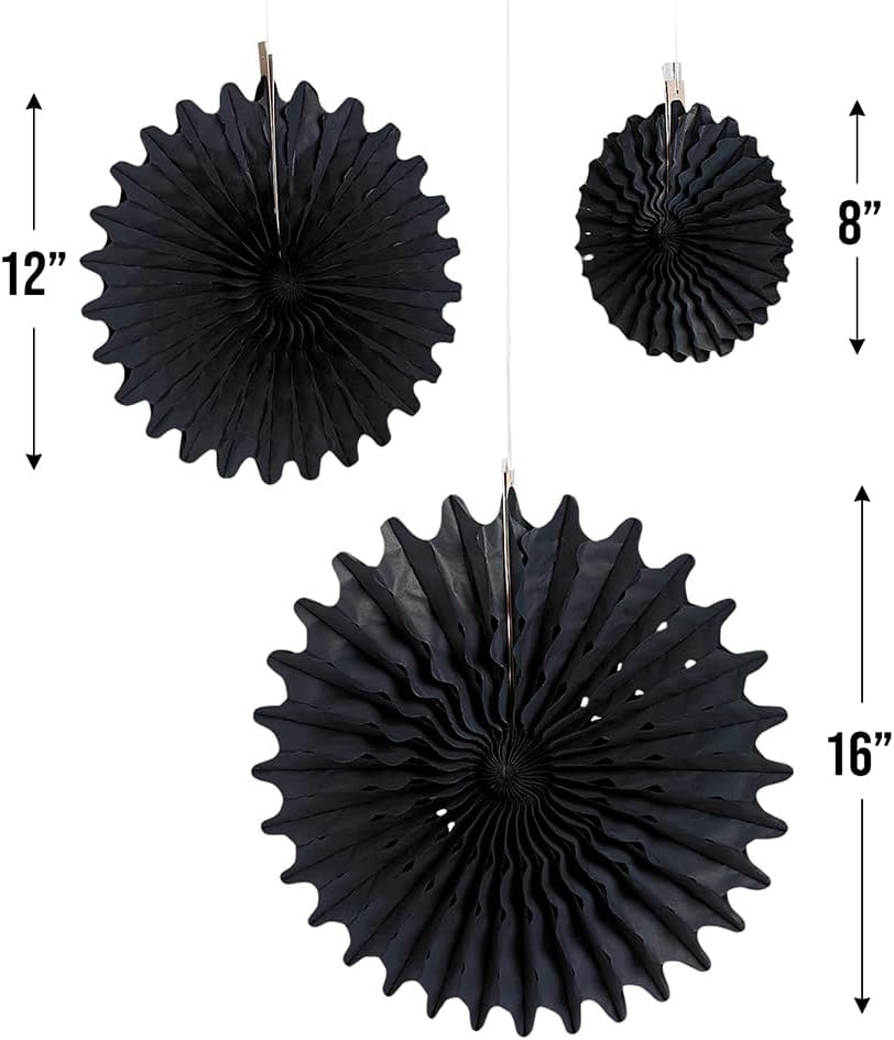Black Tissue Hanging Fans - 12 Pieces Party Decor