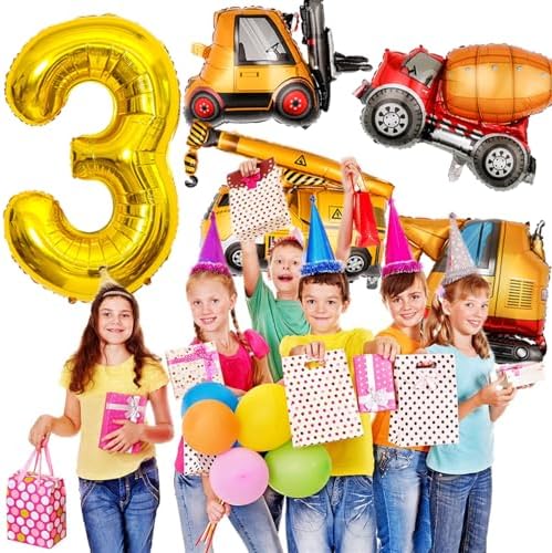 Construction Birthday Balloons 3 Year Old 40Inch Gold
