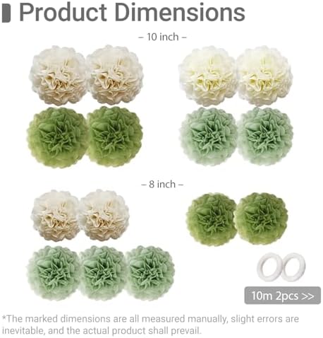 Kuailaihai 15pcs Sage Green Paper Pom Poms Decor Set