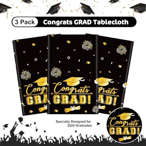 3 Pcs Graduation Tablecloth - Black Gold 54x108 Inch