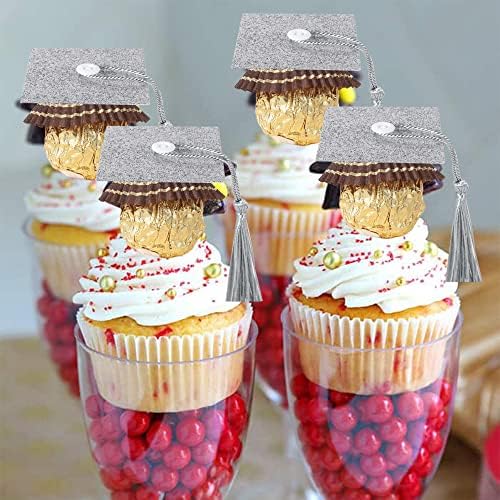 2025 Graduation Cap Cupcake Toppers with Tassel Adhesive Dots Silver