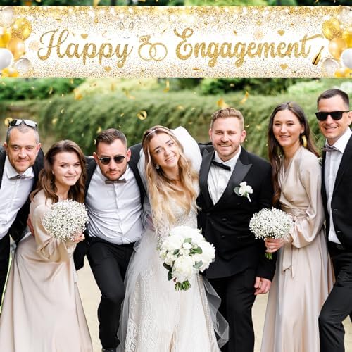 Gold Engagement Party Decorations Happy Engagement Yard Banner Backdrop