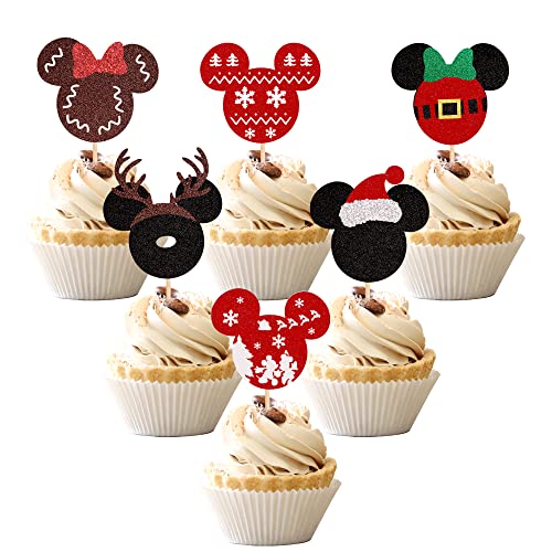 24PCS Glitter Christmas Cupcake Toppers Deer Santa Snowflake Decorations