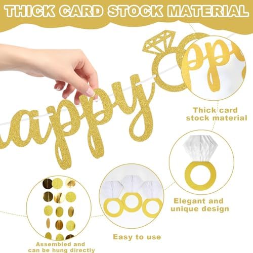 Gold Glitter Happy Engagement Party Banner Decor Set