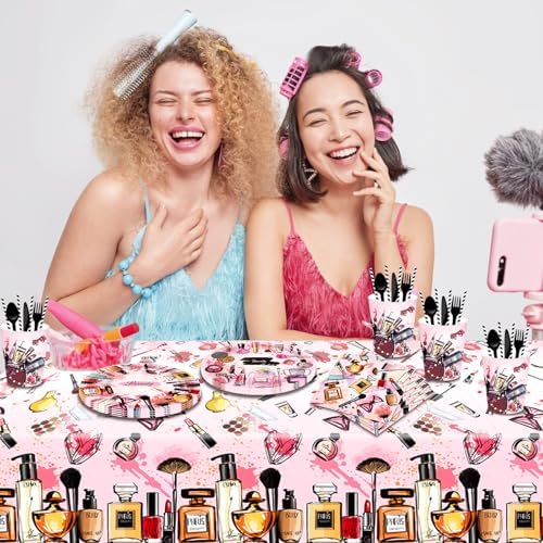 2 Pack Spa Makeup Party Tablecloths - Waterproof Pink Cosmetics Themed