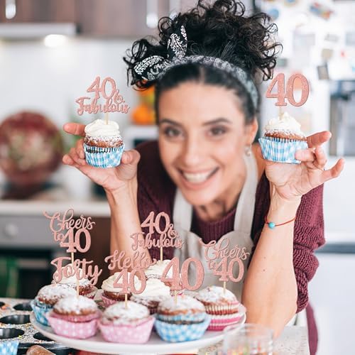30PCS Happy 40th Birthday Cupcake Toppers Rose Gold Glitter