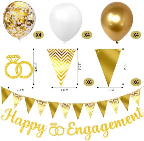 Gold Glitter Happy Engagement Banner 12 Pcs Decorations