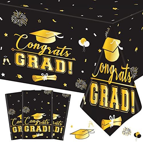 3 Pcs Graduation Tablecloth - Black Gold 54x108 Inch