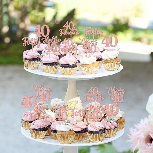 30PCS Happy 40th Birthday Cupcake Toppers Rose Gold Glitter