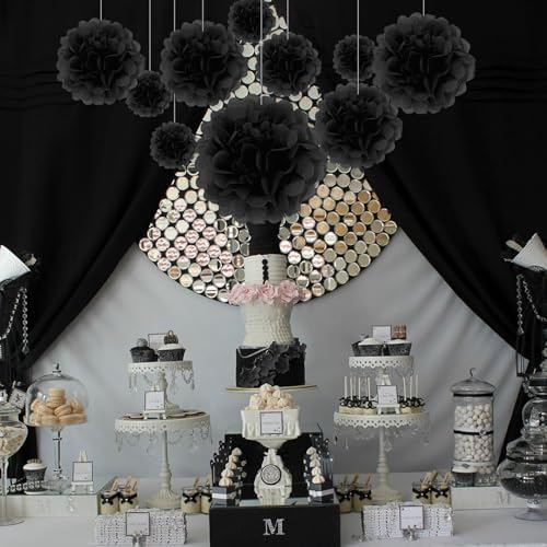 Black Tissue Paper Pom Poms 20 Piece Set for Events