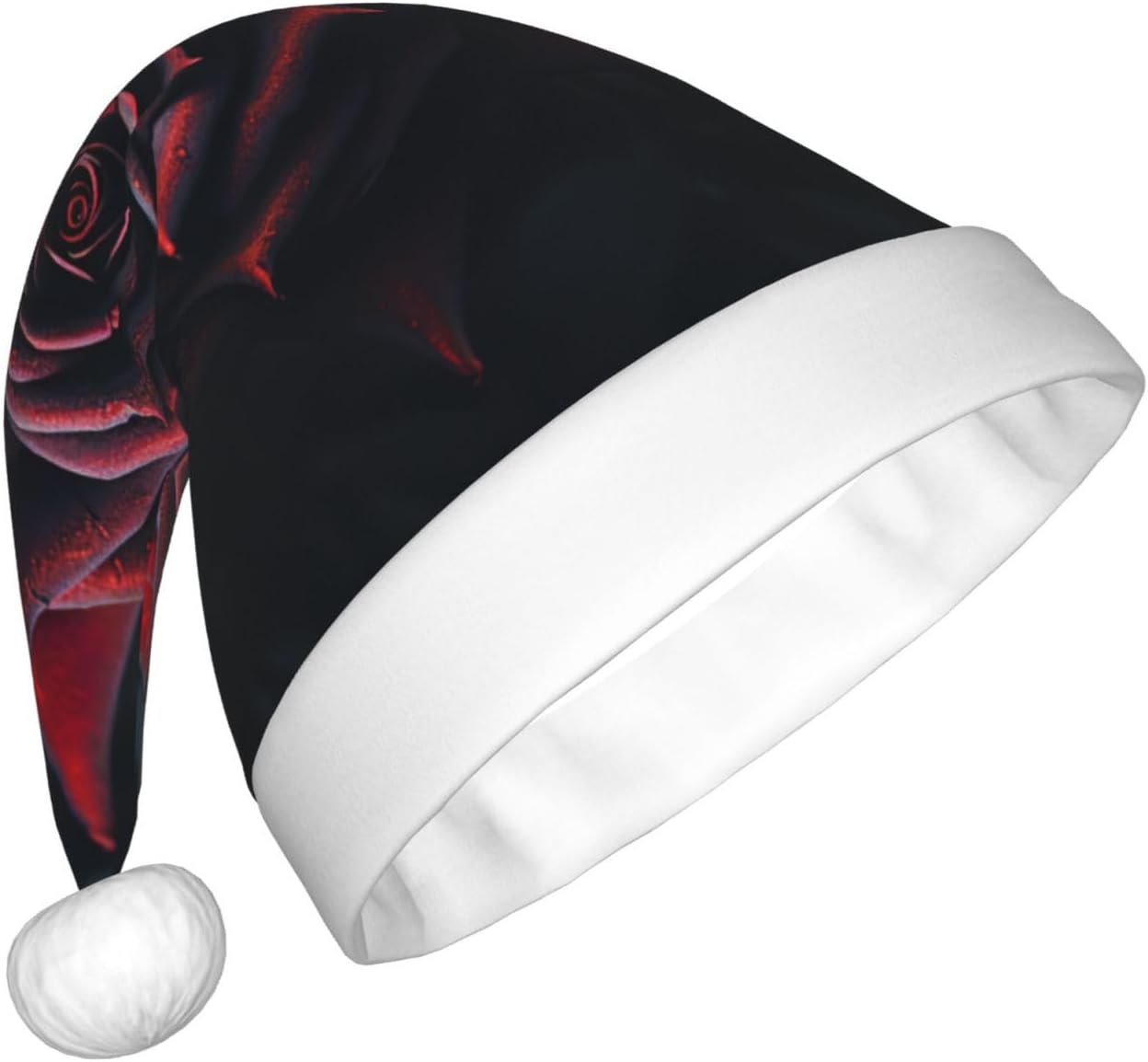 Personalized Santa Hat with Red Rose and Black Leaves Print