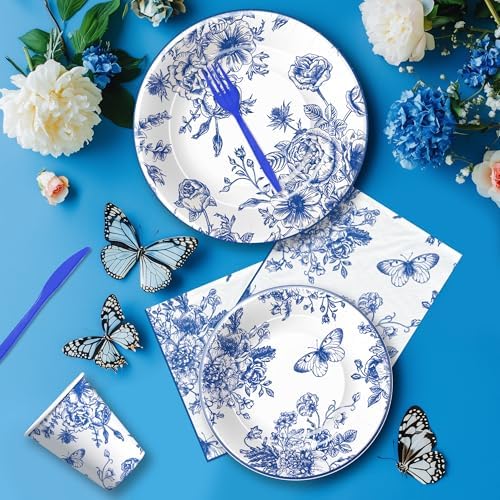 Blue and White Floral Paper Plates Set for 24
