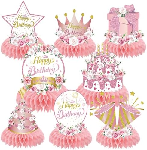 Pink Flower Birthday Decorations 8PCS Centerpiece Set