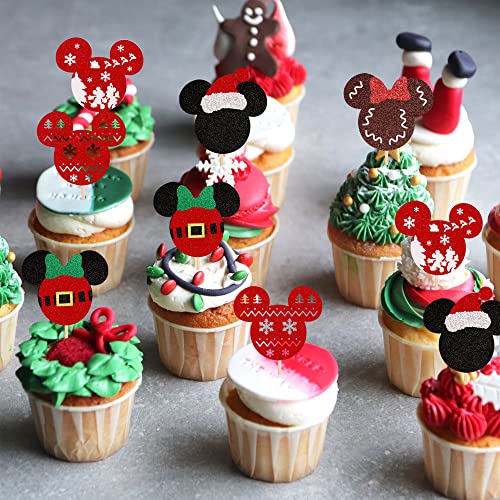 24PCS Glitter Christmas Cupcake Toppers Deer Santa Snowflake Decorations