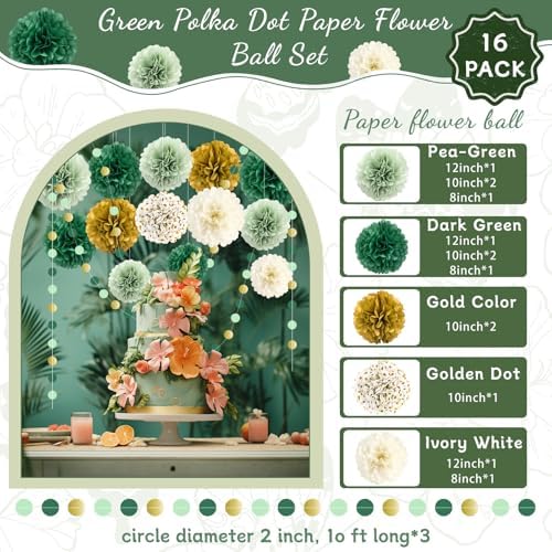 Green Wedding Party Decorations Set 16PCS Tissue Pom Poms Garland