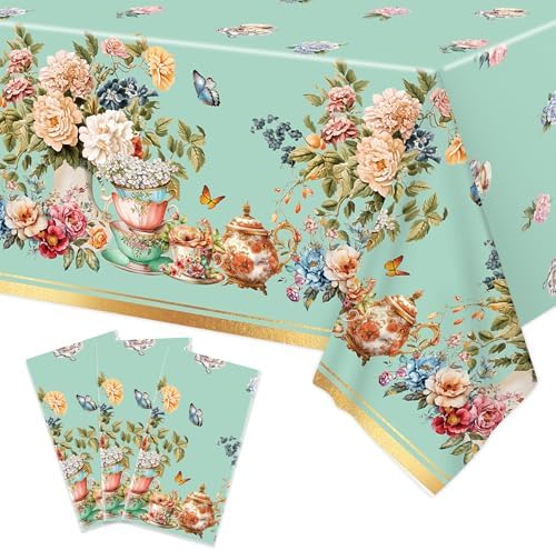 3pcs Tea Party Tablecloth 54x108 Inch Spring Floral Plastic Table Cover