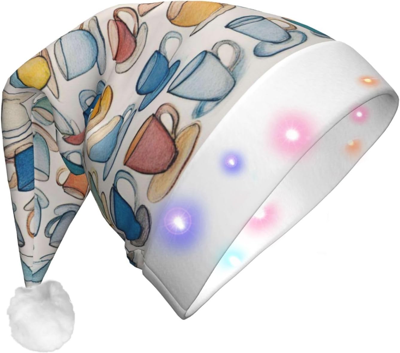 QINZHENG LED Christmas Hat with Teapots and Cups Print