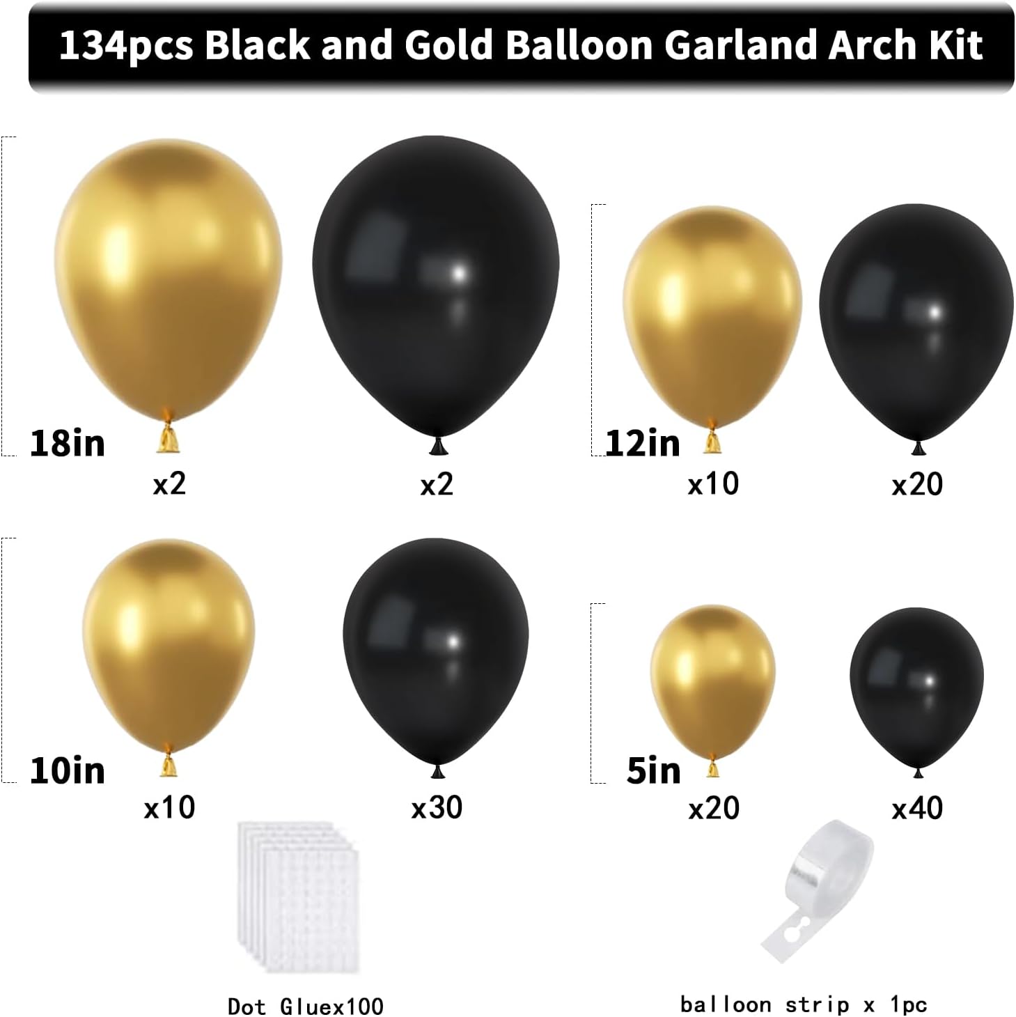 Black and Gold Balloons Garland Arch Kit 134pcs