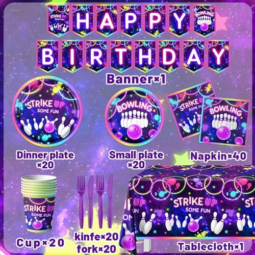 Bowling Party Tableware Set 142Pcs Neon Glow Fun Decorations