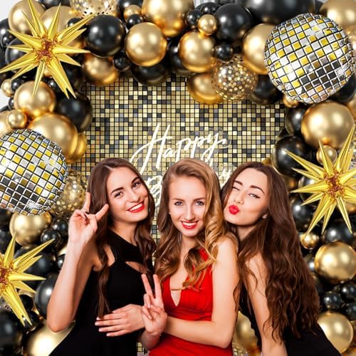 Black and Gold Balloon Garland Arch Kit with Starburst Foil Balloons