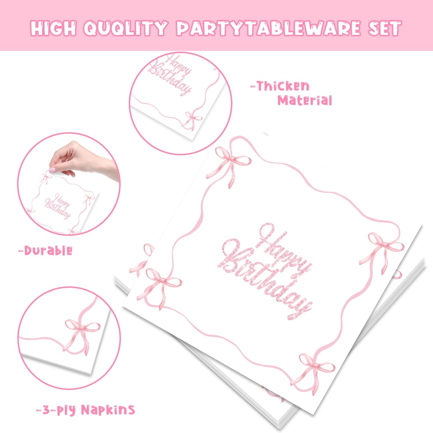 Pink Bow Birthday Party Tableware Set 96Pcs