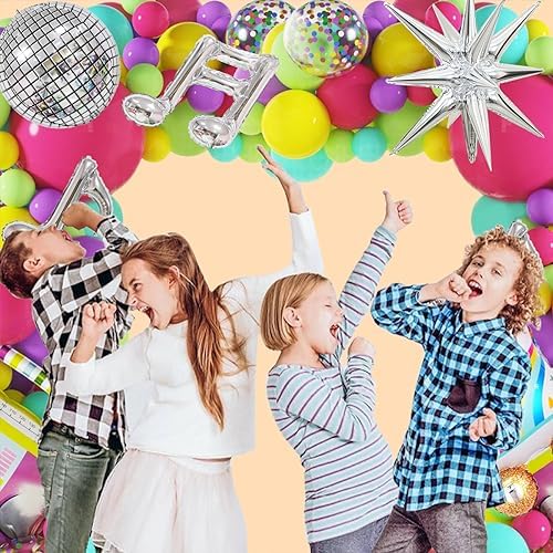 80s 90s Neon Balloons Arch Kit with Confetti Music Note and Disco Ball