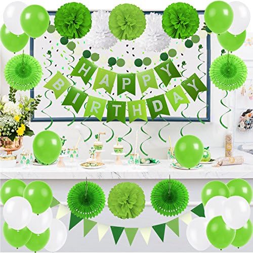 ZERODECO Birthday Party Decor Green White Banner Fans Poms Balloons