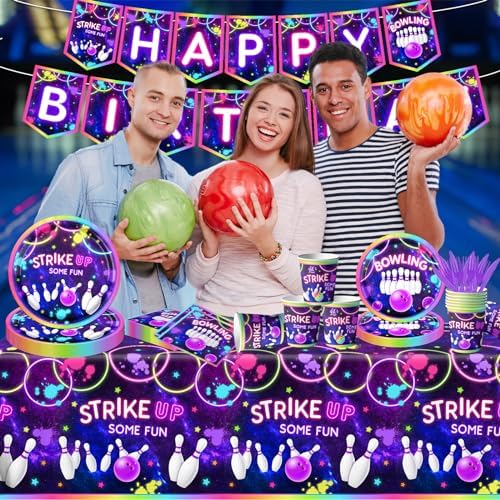 Bowling Party Tableware Set 142Pcs Neon Glow Fun Decorations