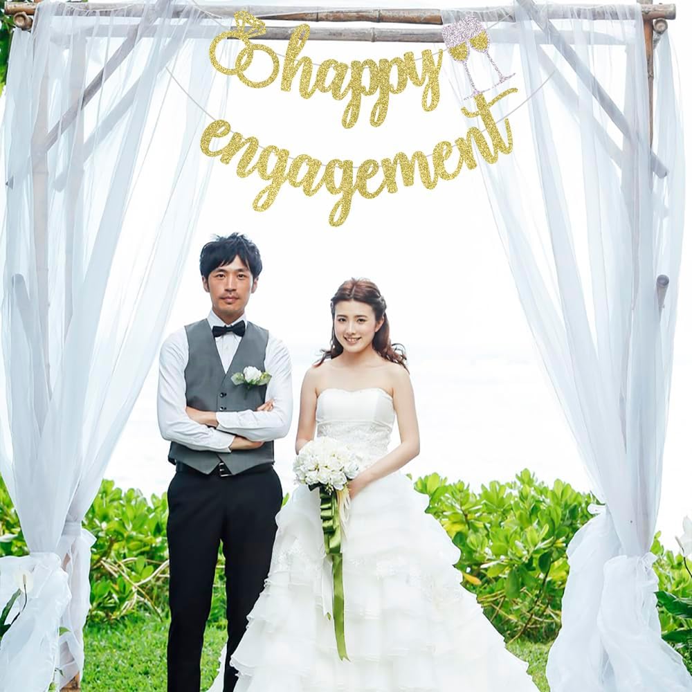 Palasasa Happy Engagement Banner - Gold Glitter Decorations Sign