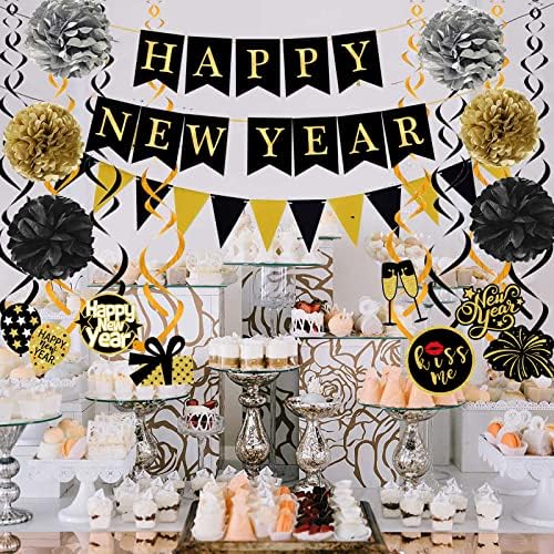 Happy New Year Banner with Pom Poms and Triangle Flags