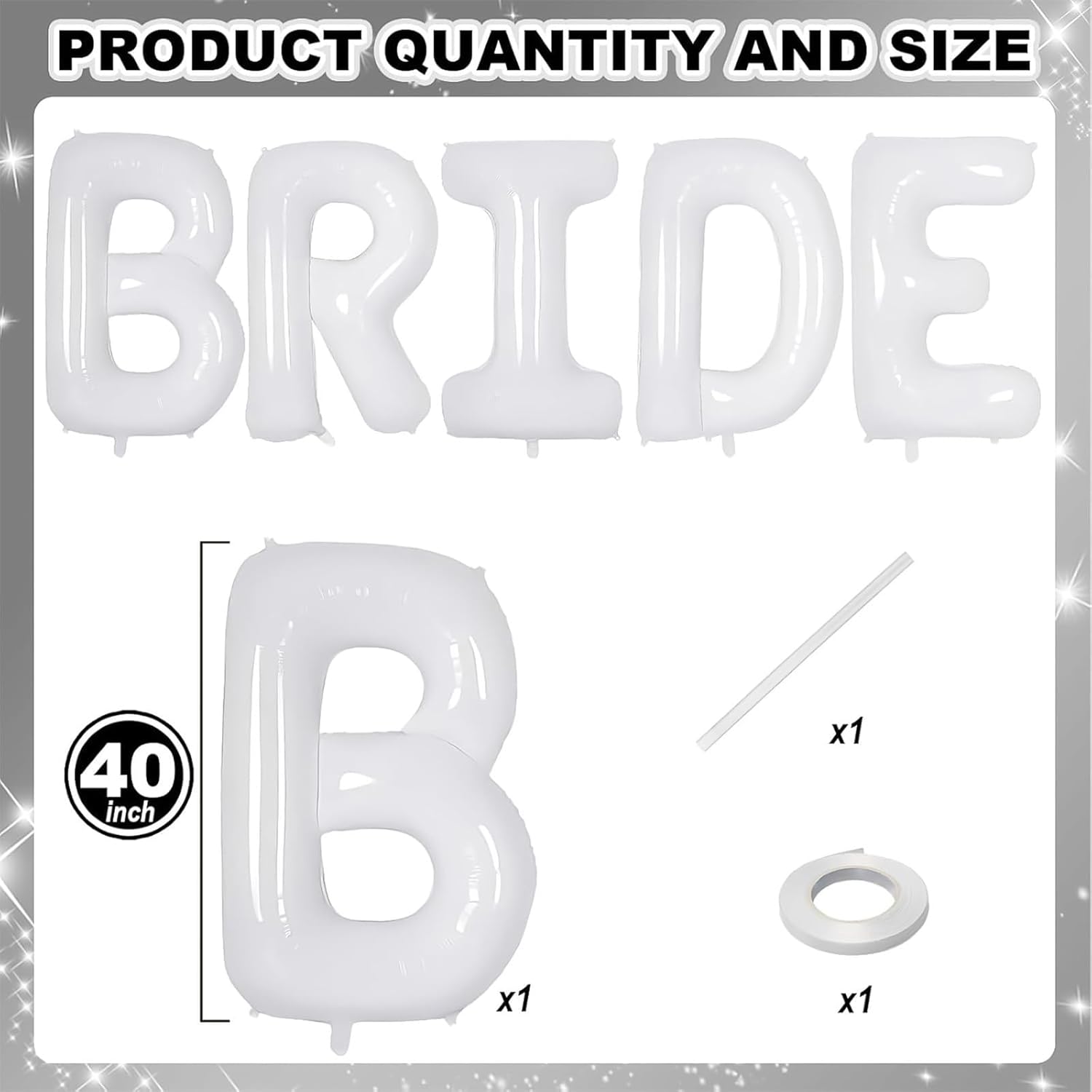 40 Inch White Bride Foil Balloons with Ribbon and Straw
