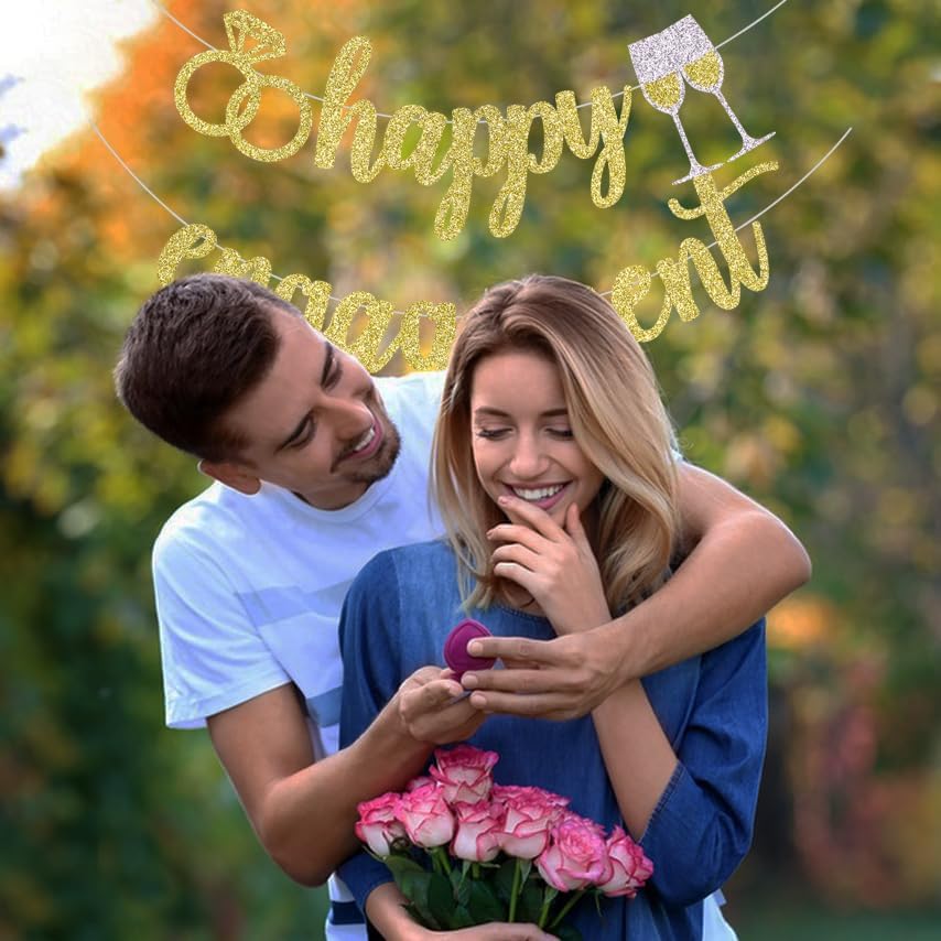 Palasasa Happy Engagement Banner - Gold Glitter Decorations Sign