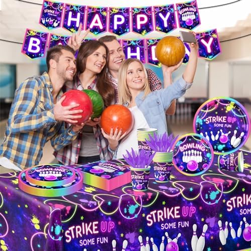 Bowling Party Tableware Set 142Pcs Neon Glow Fun Decorations