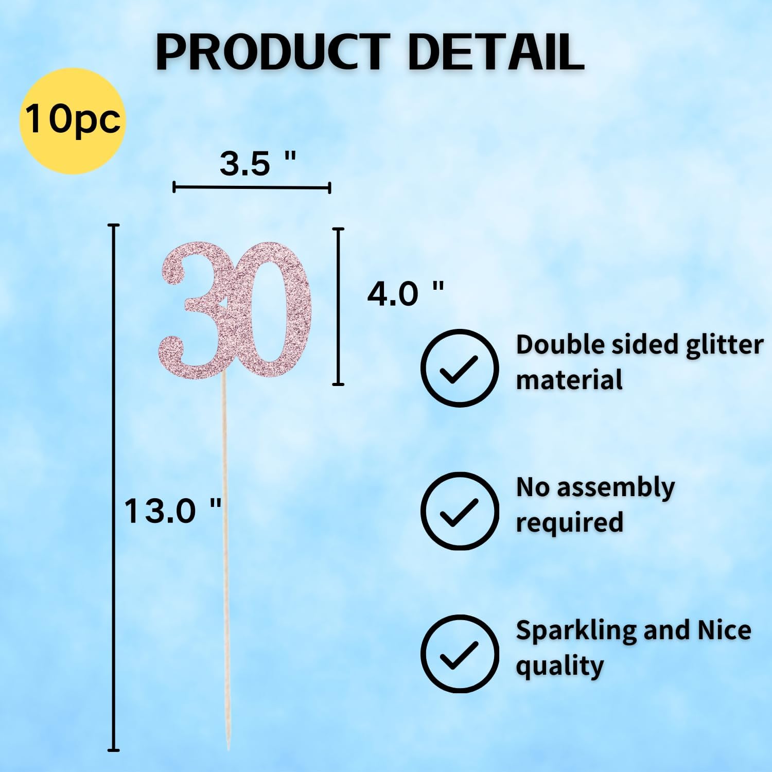 10-Pack Double Sided Glitter Rose Gold 30th Birthday Centerpiece Sticks